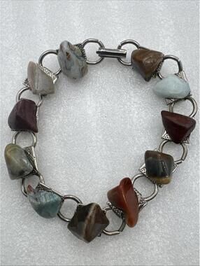 Vintage 7” Natural Polished Tumbled Stones Link Bracelet Silver Tone